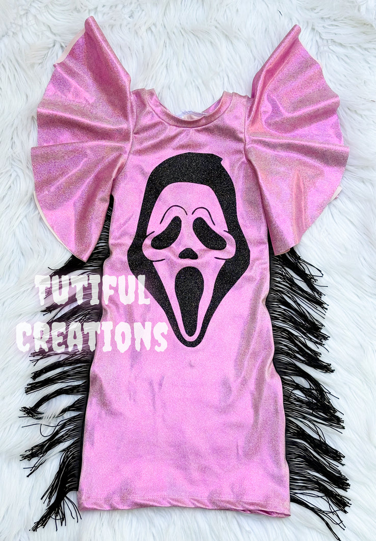 GHOST Holo Glitter Pink FRINGE fitted Tank Dress (select flutter sleeves and Add on face/fringe below for exactly as pictured)