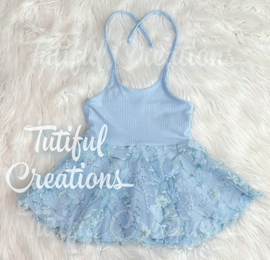 Sky Blue Floral sequin mesh Halter tie neck Peplum top