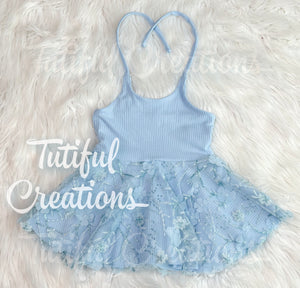 Sky Blue Floral sequin mesh Halter tie neck Peplum top