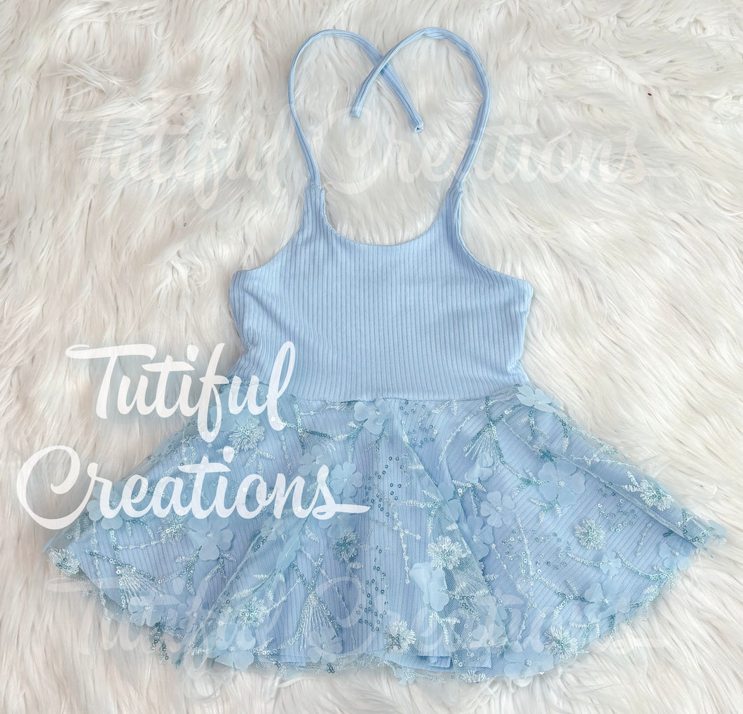 Sky Blue Floral sequin mesh Halter tie neck Peplum top