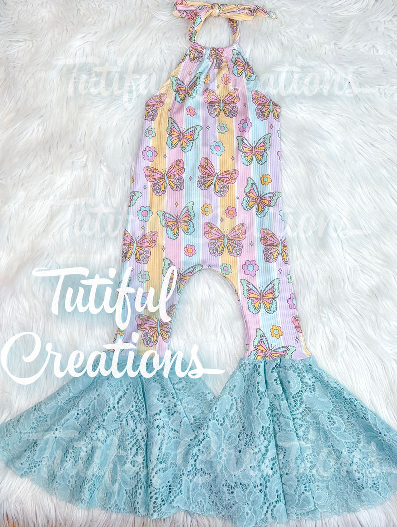 PASTEL BUTTERFLY STRIPES FRIDA HALTER ROMPER