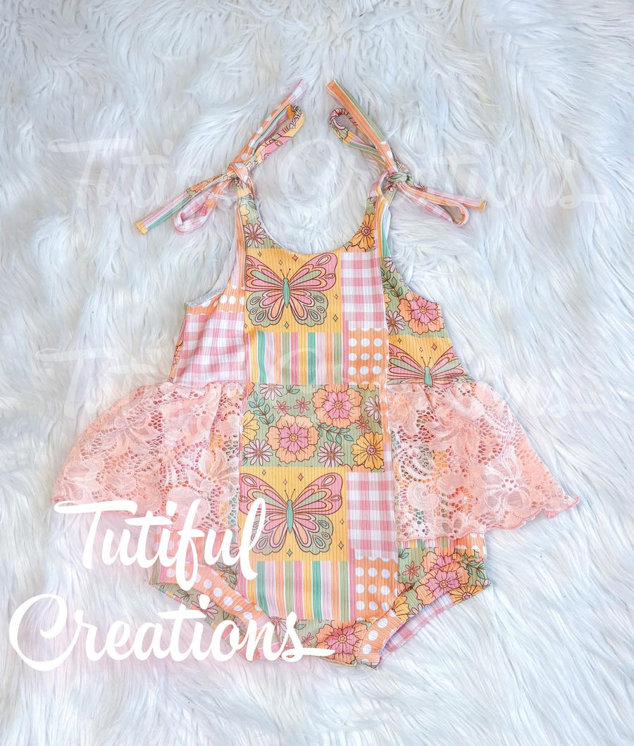 SPRING BUTTERFLY PATCHWORK CAMELLIA ROMPER