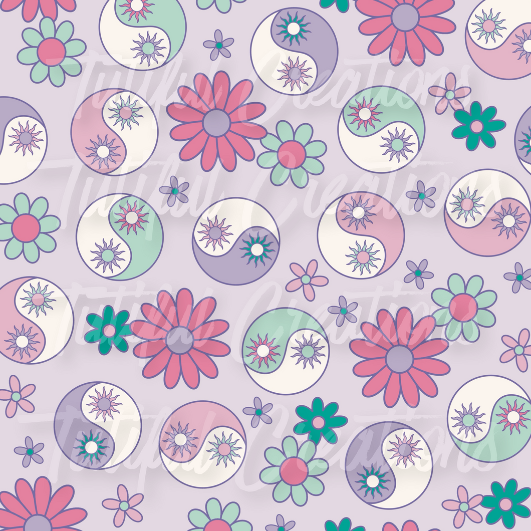 PURPLE YIN YANG &FLOWERS  PRINT ( Choose SELECT style/size etc.) rib knit