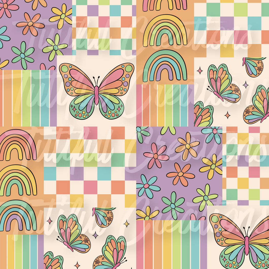 Rainbow Butterfly Patchwork print ( SELECT style/size etc.) made in rib knit