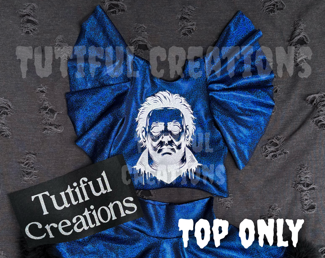 BOOGEYMAN ROYAL BLUE/BLACK HOLO rib Glitter Tie BACK TOP (top only) (Must Select flutter sleeves for exactly as pictured‼️) FACE ADDED IN PRICE