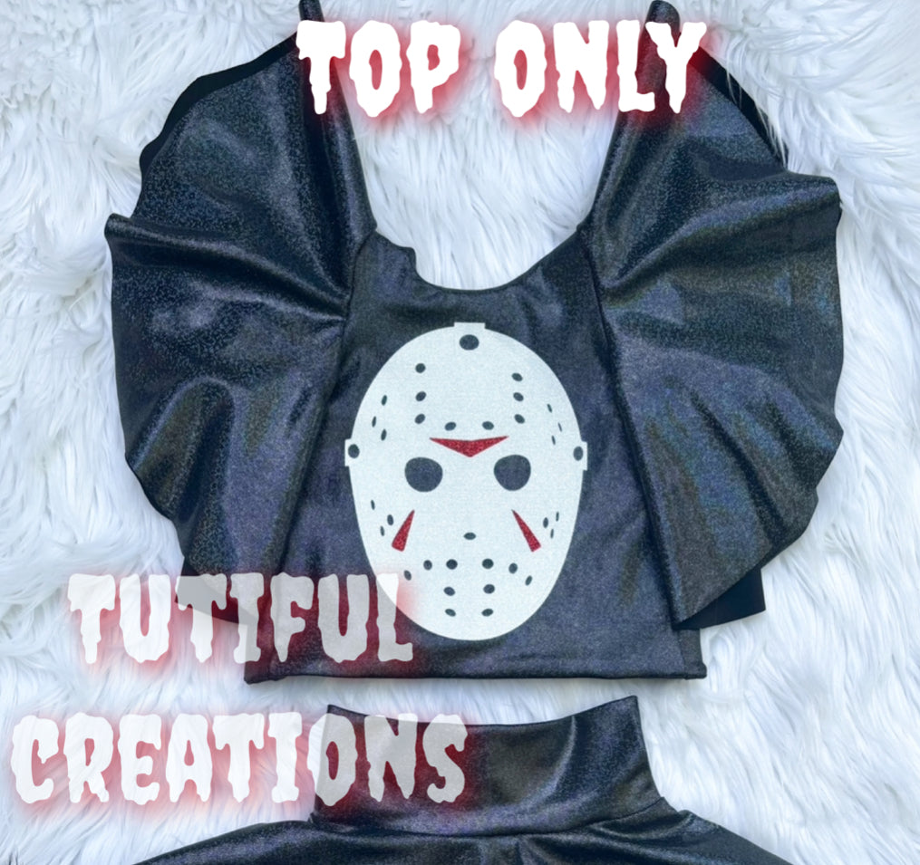 MAMAS BOY BLACK HOLO Glitter Tie BACK TOP (top only) (Must Select flutter sleeves for exactly as pictured‼️) FACE ADDED IN PRICE