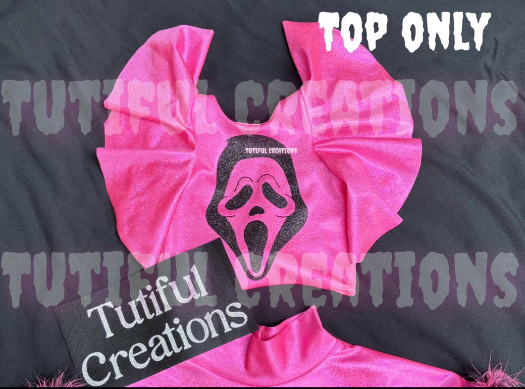 HOT PINK GHOST FACE HOLO Glitter Tie BACK TOP (top only) (Must Select flutter sleeves for exactly as pictured‼️) FACE ADDED IN PRICE