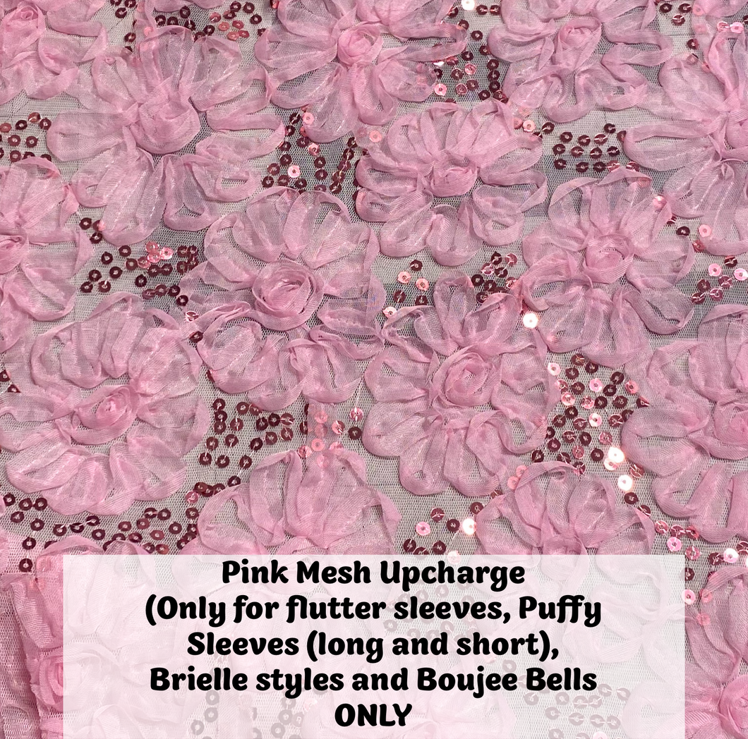 Pink Sequin Mesh Upcharge (must select exact style when selecting when print/solid) this is only the Pink Mesh fabric