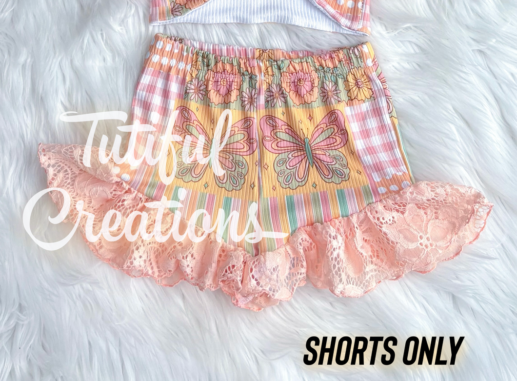 SPRING BUTTERFLY PATCHWORK RETRO RUFFLE BOTTOM SHORTS (shorts only)