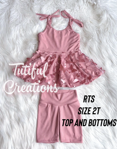 RTS size 2T only exact 2 piece outfit only (Brielle tie shoulder peplum top and biker shorts)