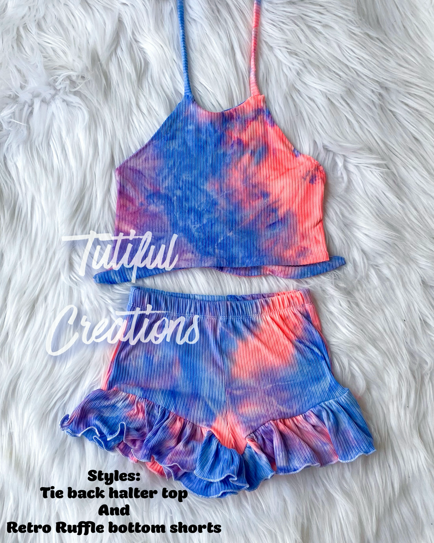 Blue and Neon pink tie dye print ( SELECT style/size etc.) made in rib knit