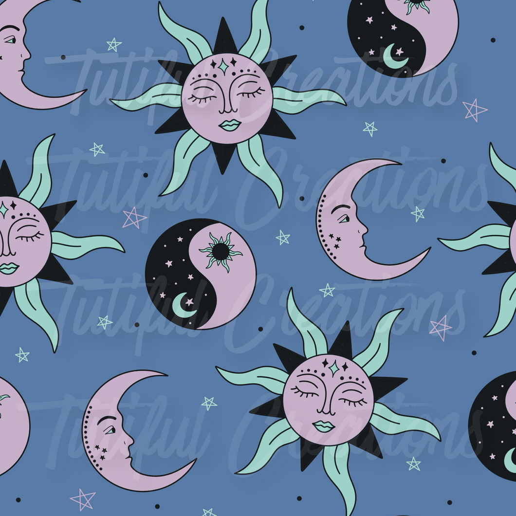 CELESTIAL MOON AND SUNS BLUE PRINT ( Choose SELECT style/size etc.) rib knit