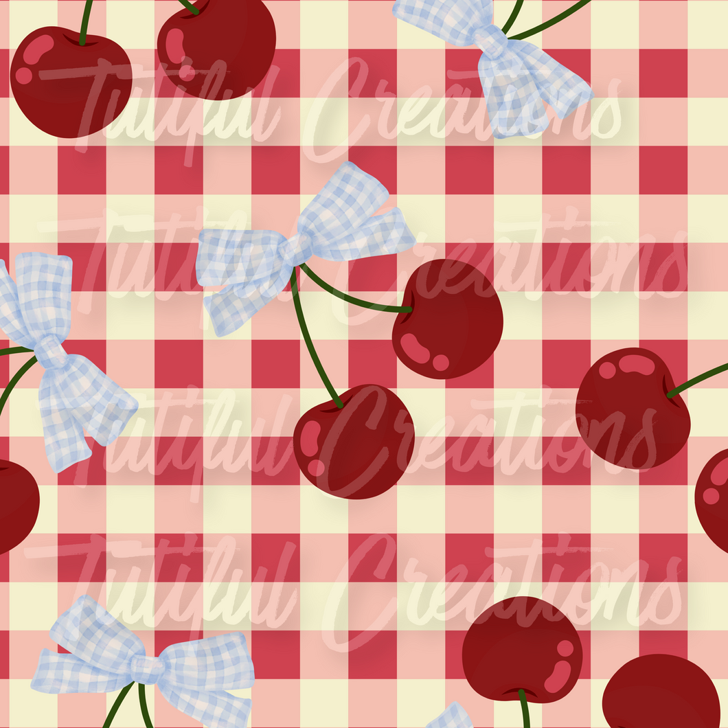Gingham Cherry bows PRINT ( Choose SELECT style/size etc.) rib knit