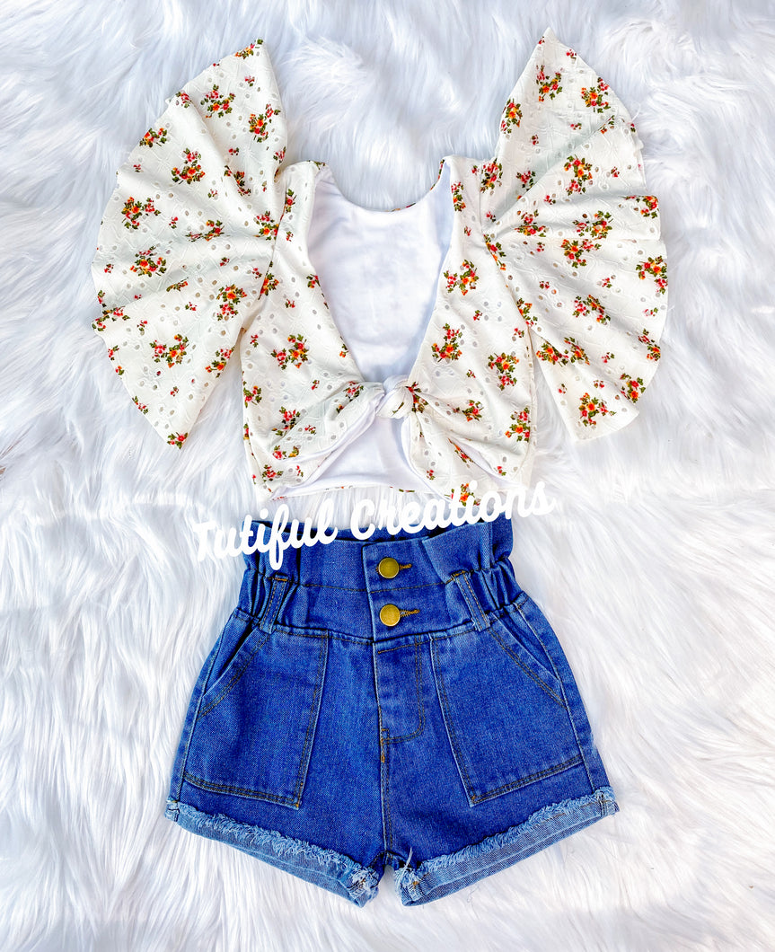 Cream Floral Eyelet Fluttering Knot Top (TOP ONLY)