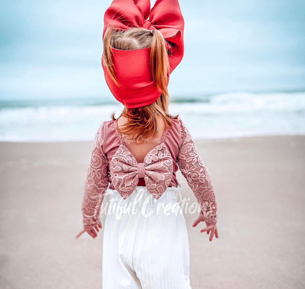 Mauve Lace Rib Knit Bow back (Choose Finish)